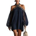 Fashion Design Embroidered Strapless Dress with Off-Shoulder Sheer Lantern Sleeve Loose Slimming Resort Style
