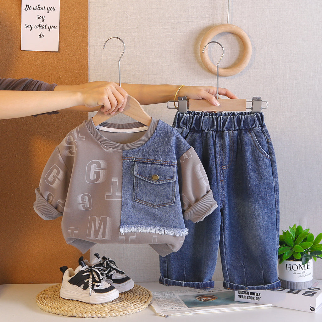 Spring and Autumn Round Neck Hoodie Two Piece Set for Baby Leisure